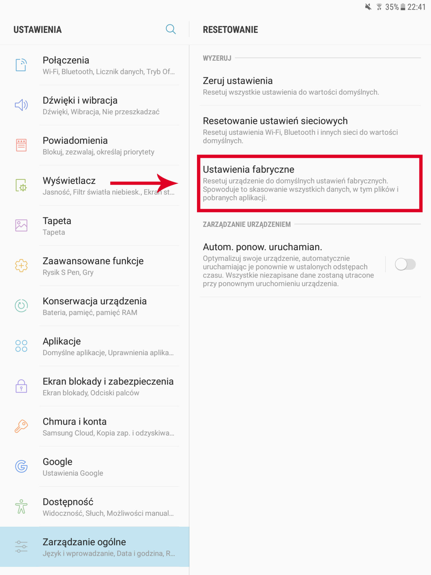 Jak przejść do ustawień fabrycznych?