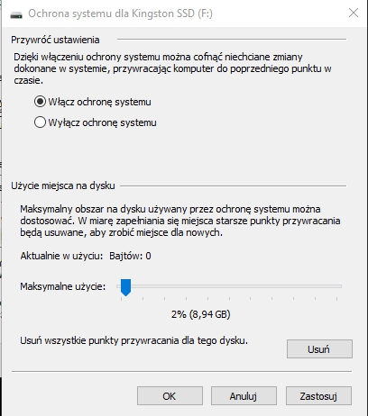 Ile miejsca na Przywracanie systemu?