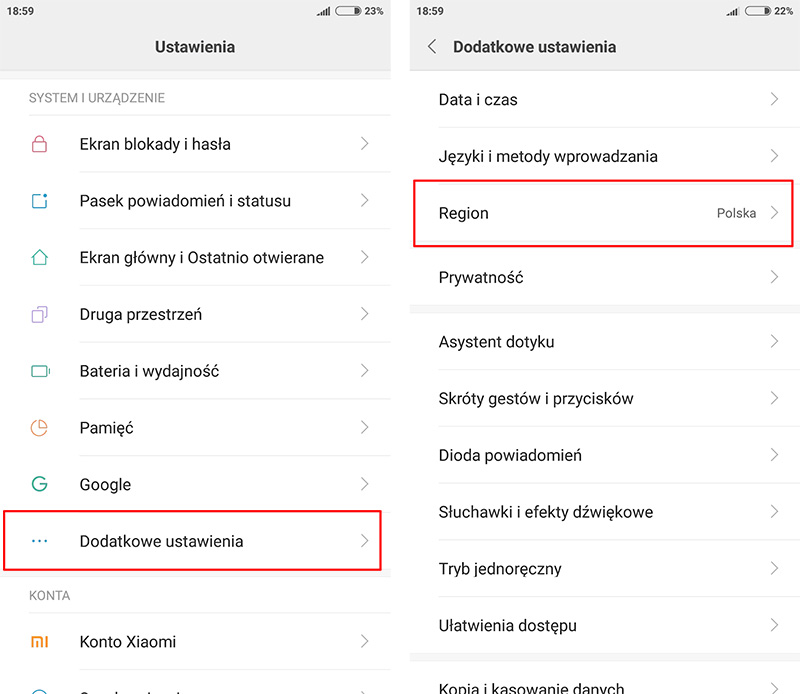 Jak zmienić region MIUI?