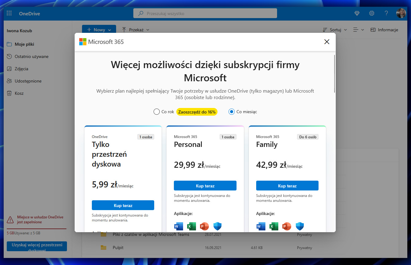 Ile miejsca w chmurze OneDrive?