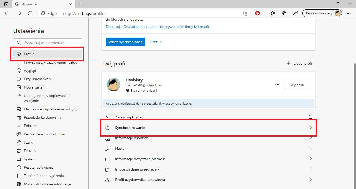 Jak wyłączyć synchronizację w Edge?