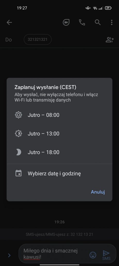 Czy można wyslac SMS o konkretnej godzinie?