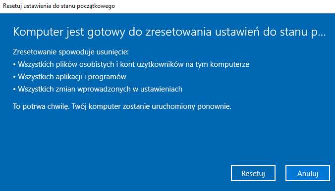 Jak długo trwa reset komputera?