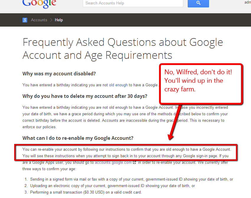 Is it illegal to put a fake age for a Google Account?