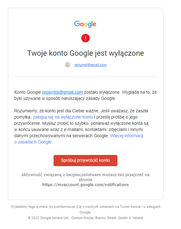 Dlaczego zablokowano mi konto Google?